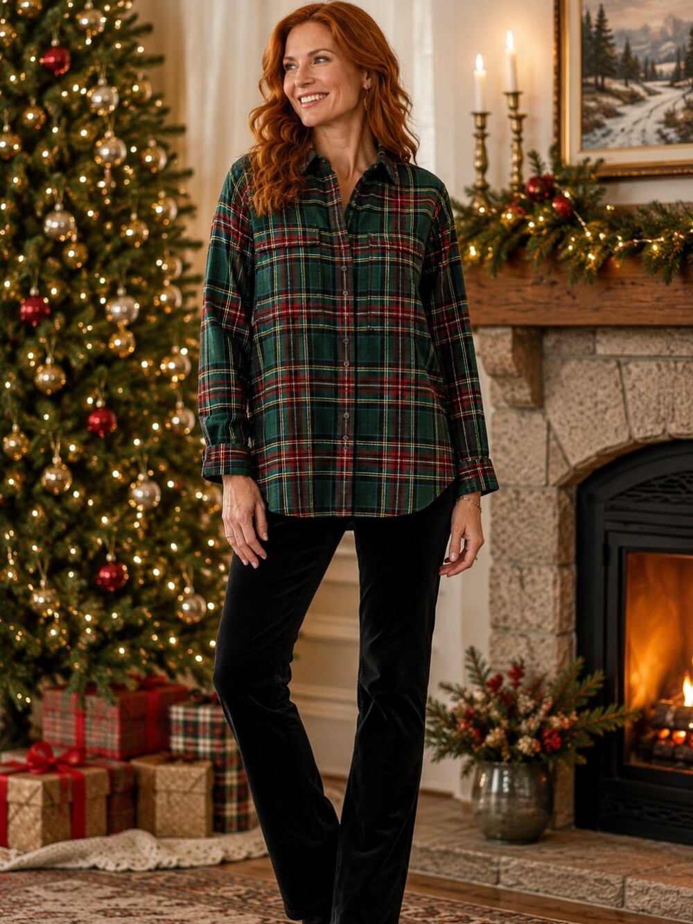 L.L.Bean Scotch Plaid Flannel Tunic Princess Mary Green Tartan Large